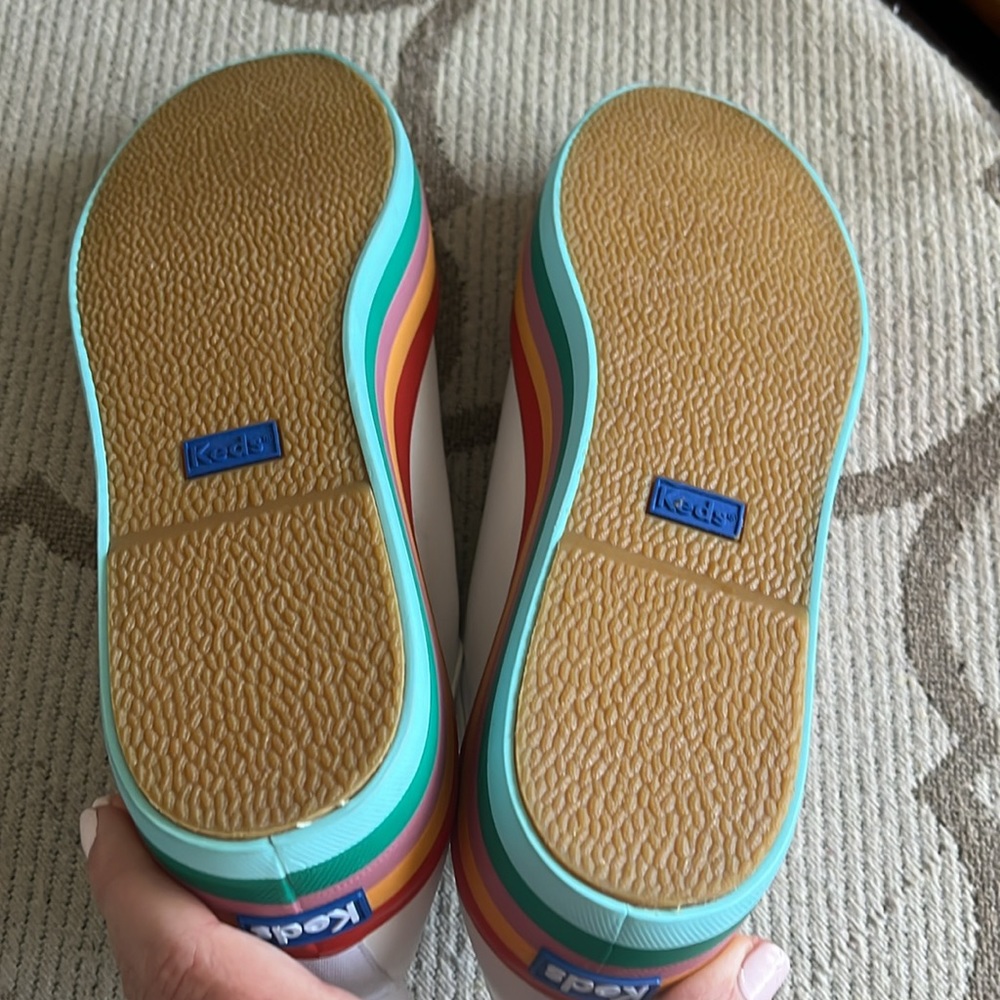 Keds White Platform Sneakers with Rainbow Stripe Sole - Picture 7 of 10